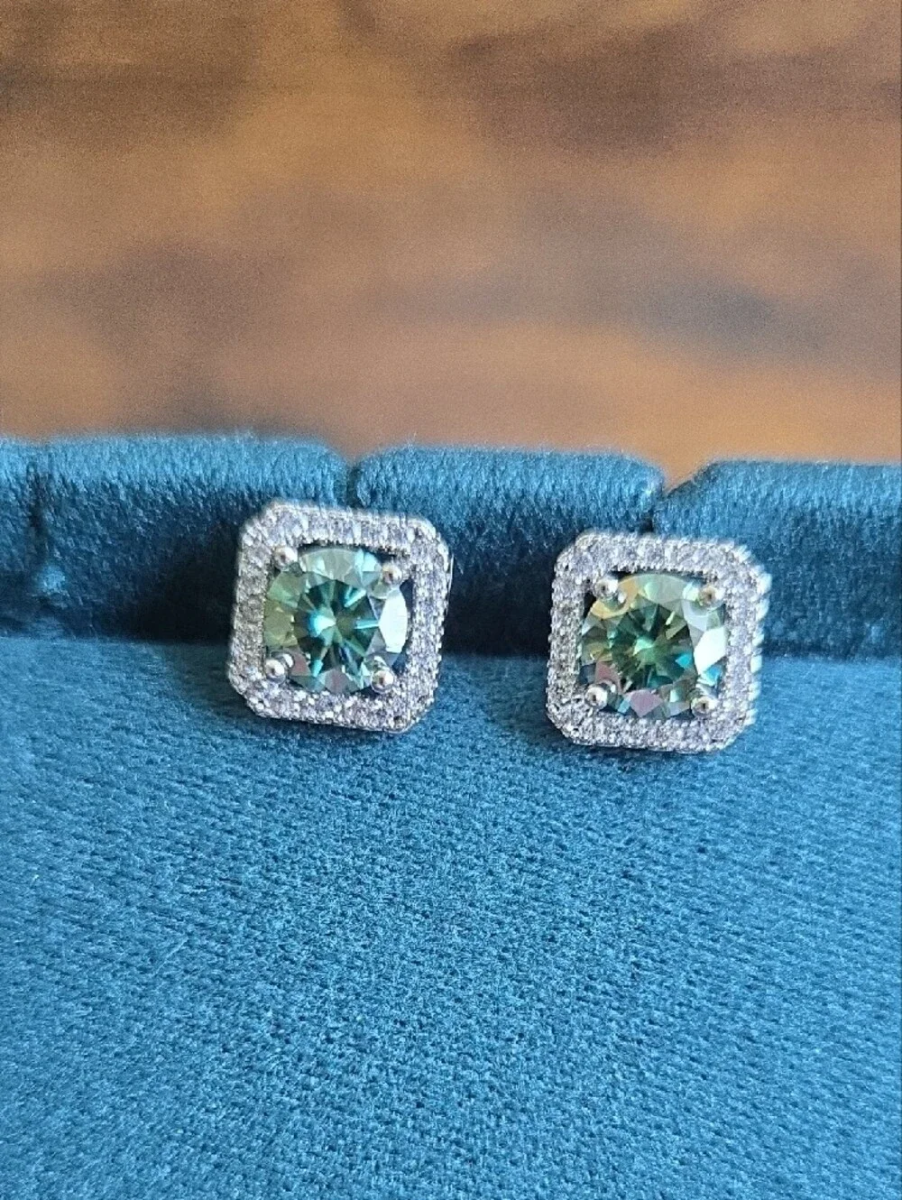Green Moissanite Halo Square Stud Earrings On Sterling Silver